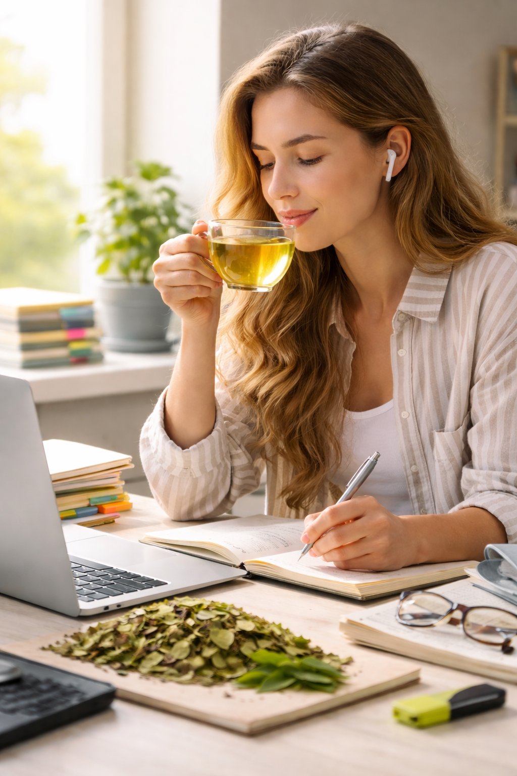 Woman working at her desk with a cup of guayusa tea as a coffee alternative