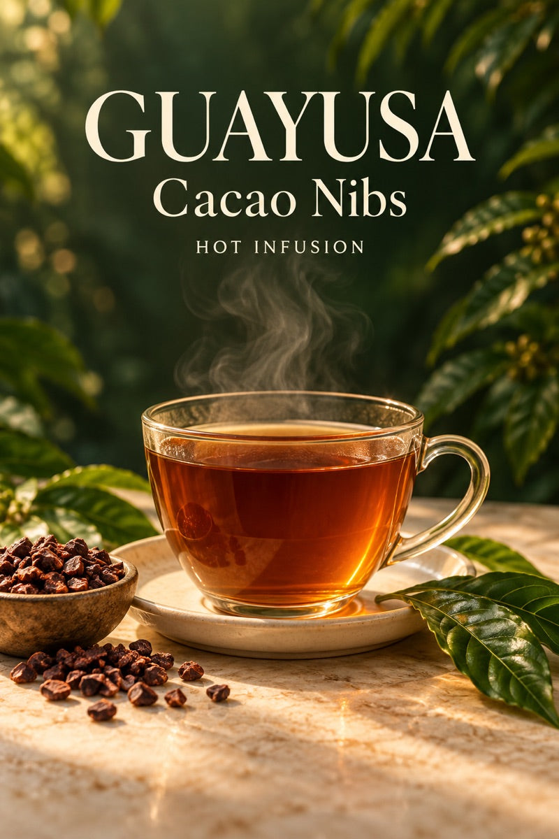 Cup of hot cacao nib guayusa tea with fresh ingredients and guayusa leaves