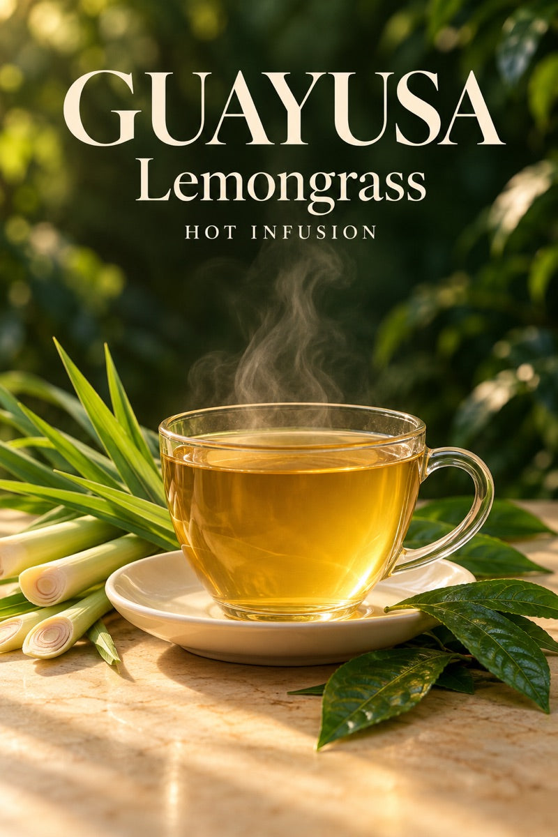 Cup of hot lemongrass guayusa tea with fresh ingredients and guayusa leaves