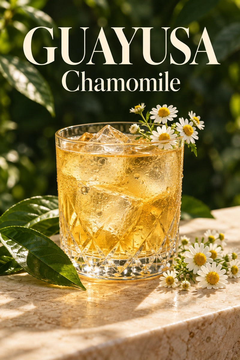 Glass of iced chamomile guayusa with fresh ingredients and guayusa leaves