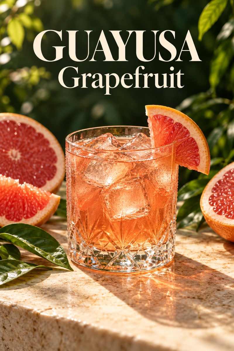 Glass of iced grapefruit guayusa with fresh ingredients and guayusa leaves