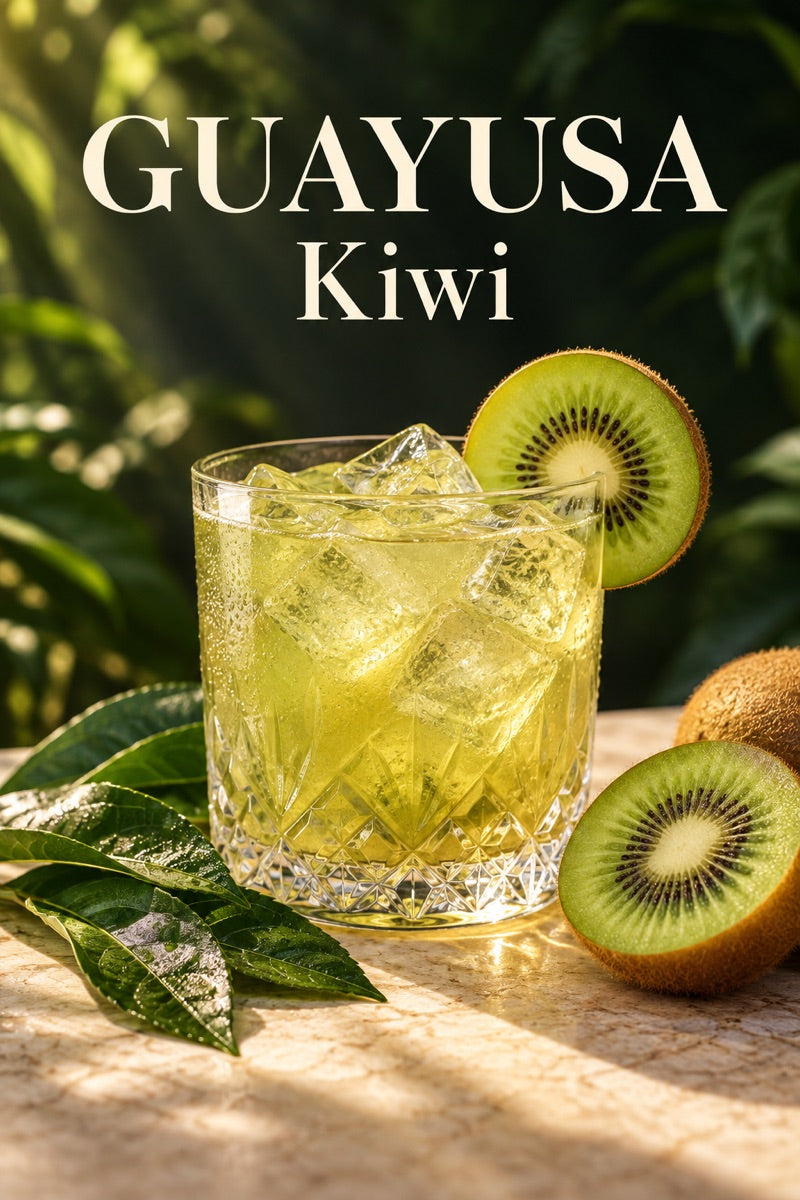 Glass of iced kiwi guayusa with fresh ingredients and guayusa leaves