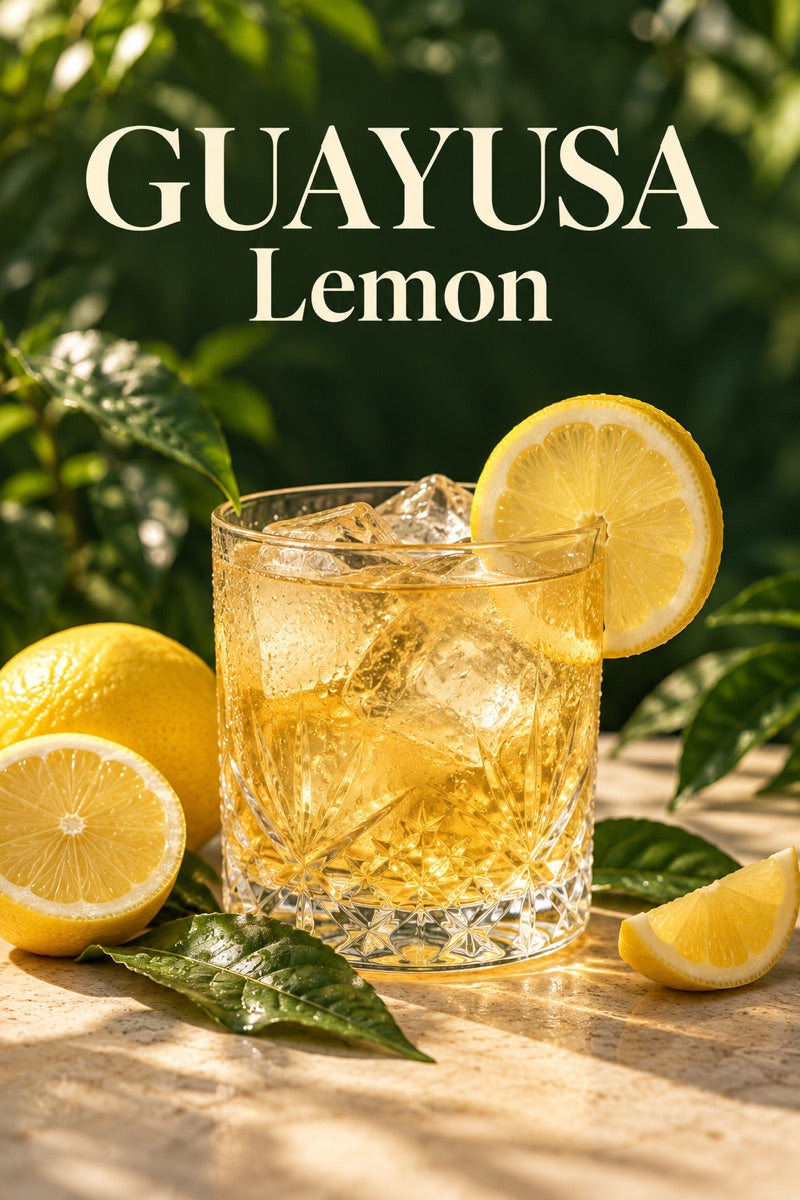 Glass of iced lemon guayusa with fresh ingredients and guayusa leaves