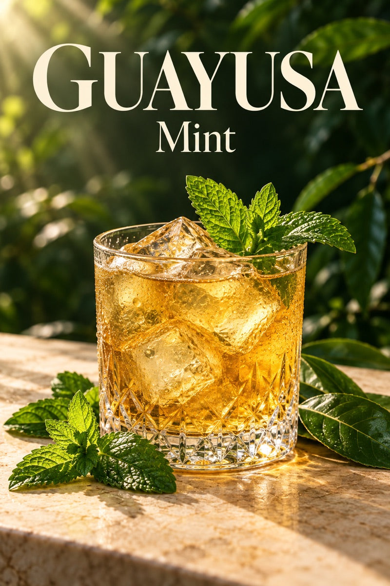 Glass of iced mint guayusa with fresh ingredients and guayusa leaves