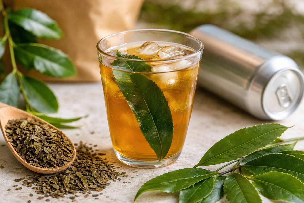 Iced guayusa tea with a fresh leaf in front of a plain aluminum can