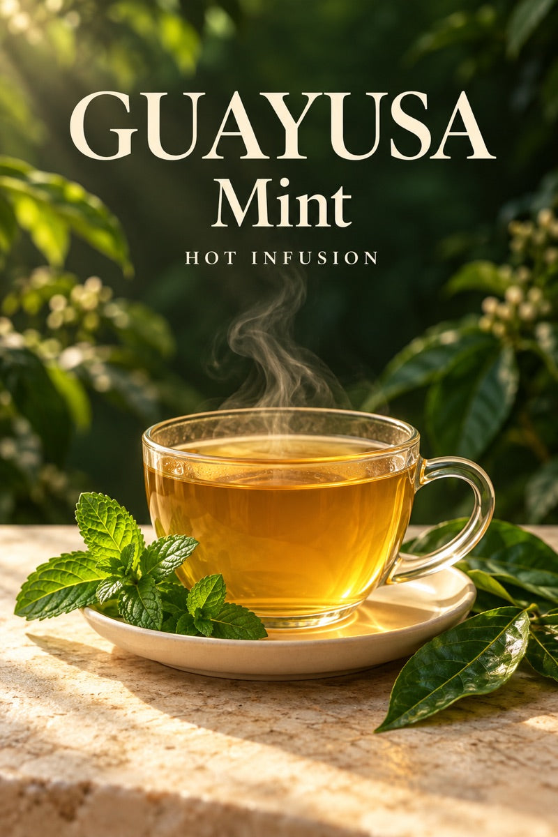 Cup of hot mint guayusa tea with fresh ingredients and guayusa leaves