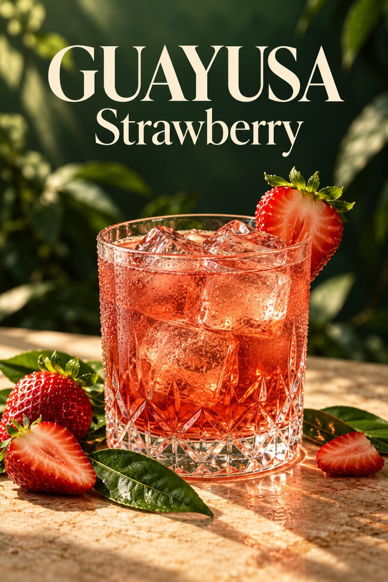 Glass of iced strawberry guayusa with fresh ingredients and guayusa leaves