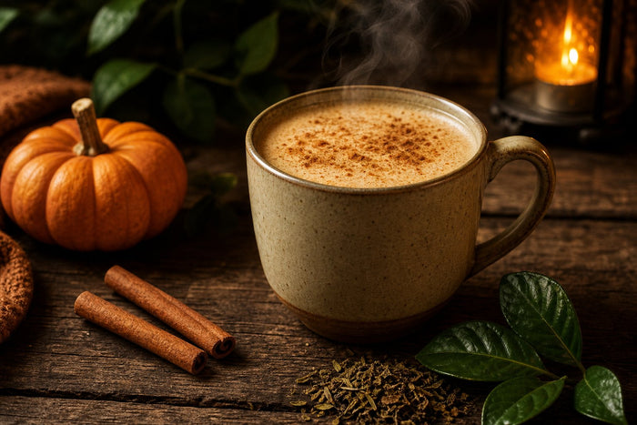 Pumpkin spice guayusa latte in a mug with a pumpkin, cinnamon sticks and guayusa leaves