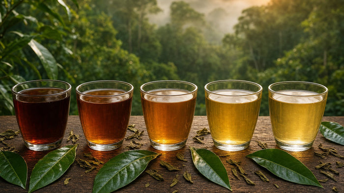 Five glass cups of guayusa tea from dark amber to light gold on a rustic table with fresh guayusa leaves and the Ecuadorian Amazon rainforest behind